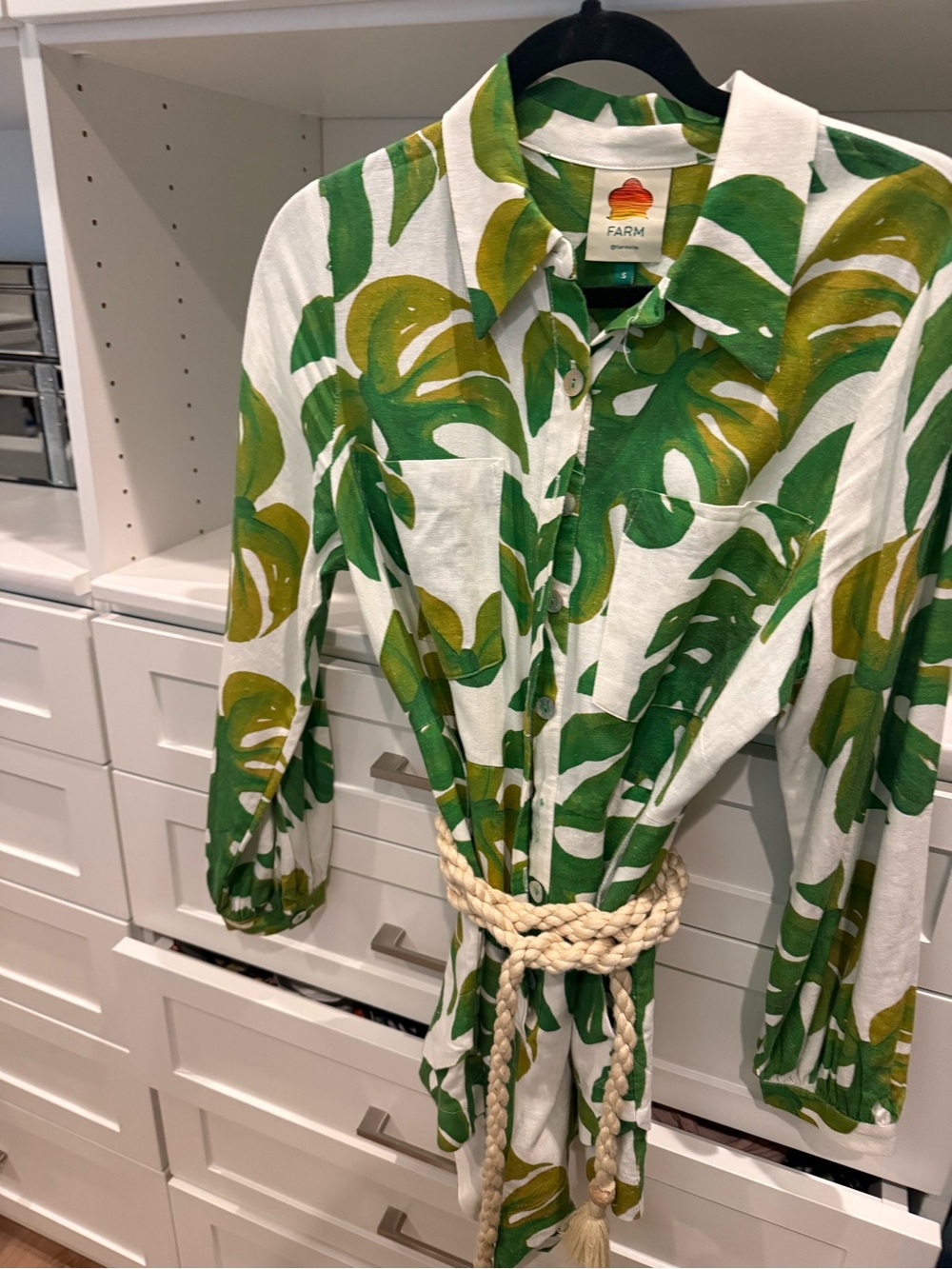 FARM Rio Green gold and white Leaf Print romper size small like new